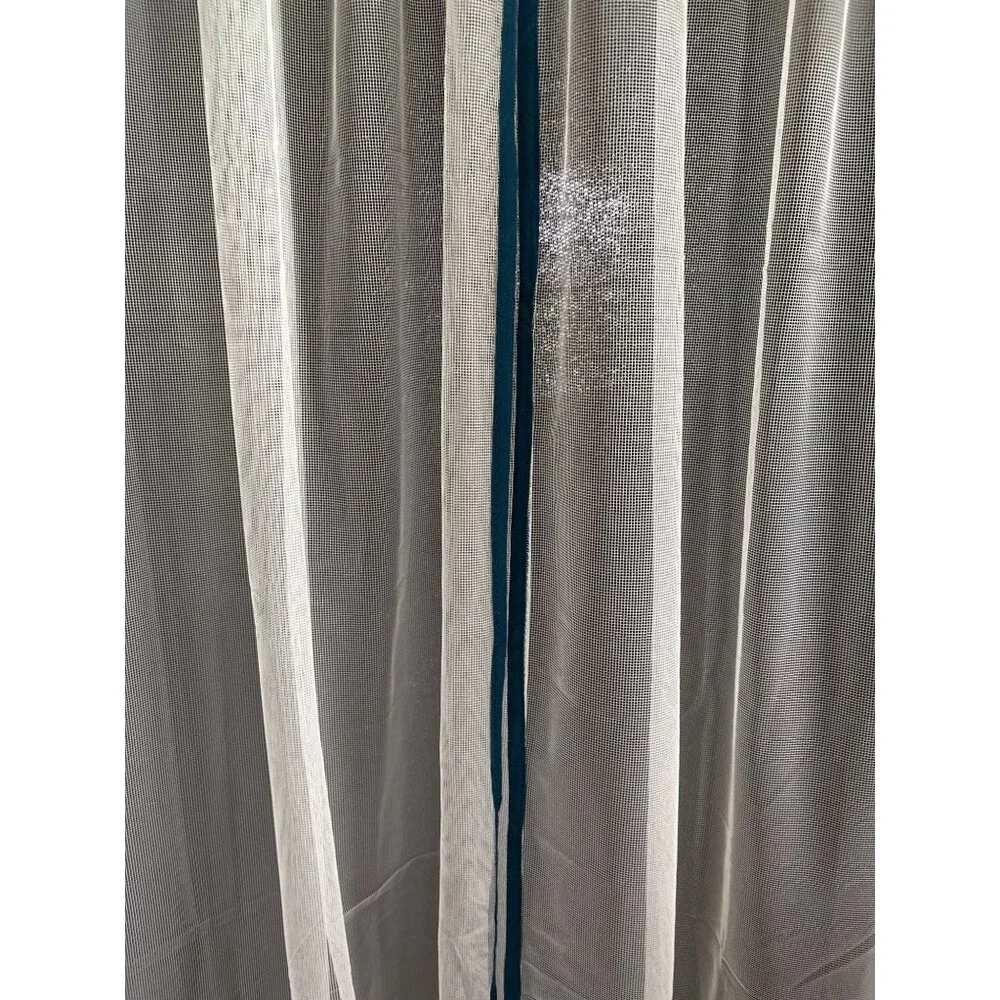 Sheer Cream Curtains with Teal Trim Set 2 39